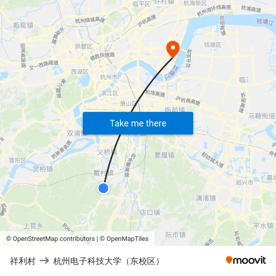 祥利村 to 杭州电子科技大学（东校区） map
