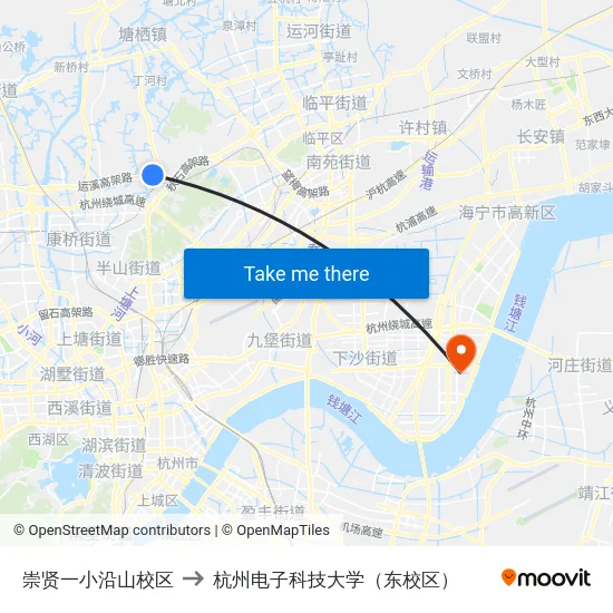 崇贤一小沿山校区 to 杭州电子科技大学（东校区） map