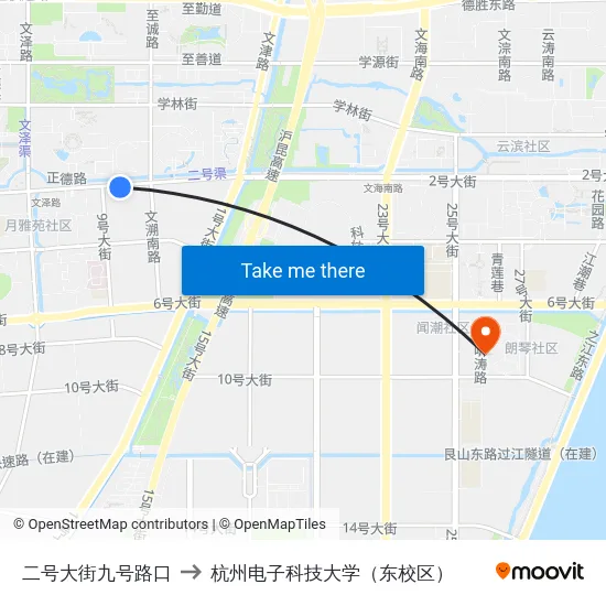 二号大街九号路口 to 杭州电子科技大学（东校区） map