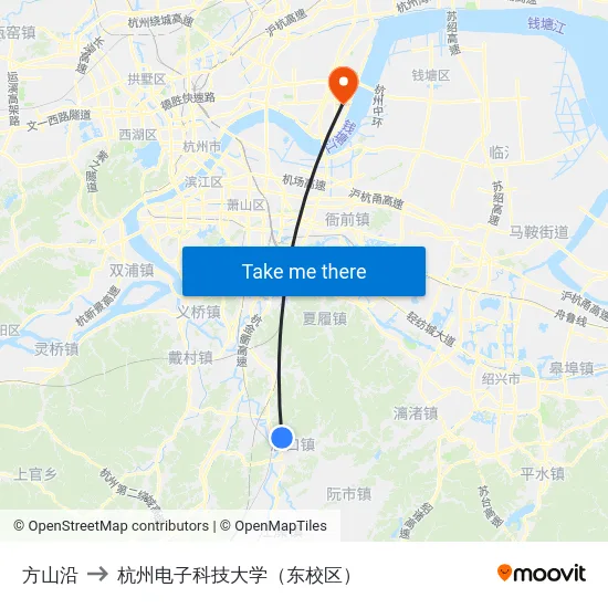 方山沿 to 杭州电子科技大学（东校区） map