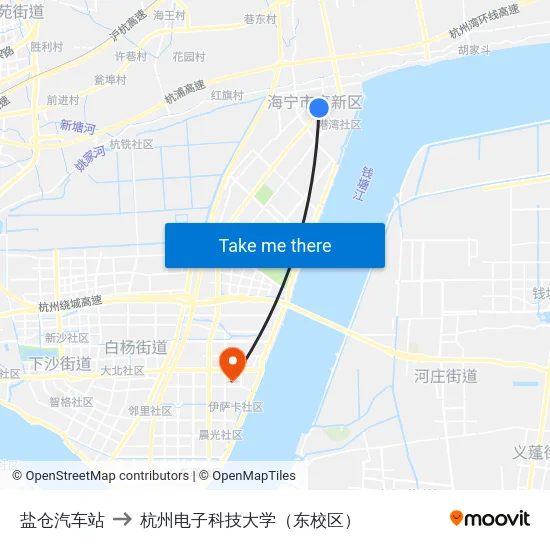盐仓汽车站 to 杭州电子科技大学（东校区） map