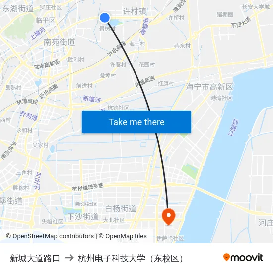 新城大道路口 to 杭州电子科技大学（东校区） map