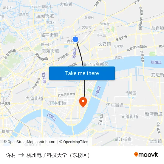 许村 to 杭州电子科技大学（东校区） map