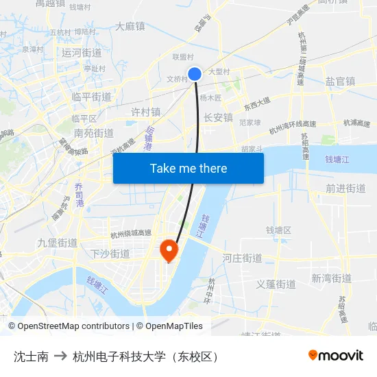沈士南 to 杭州电子科技大学（东校区） map