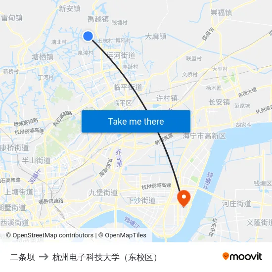 二条坝 to 杭州电子科技大学（东校区） map