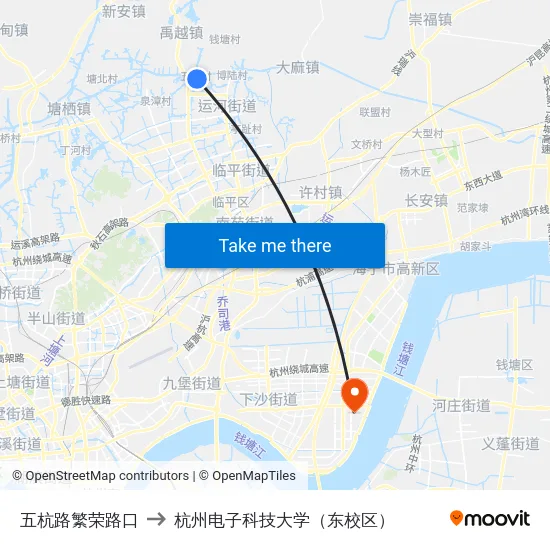 五杭路繁荣路口 to 杭州电子科技大学（东校区） map