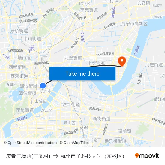 庆春广场西(三叉村) to 杭州电子科技大学（东校区） map