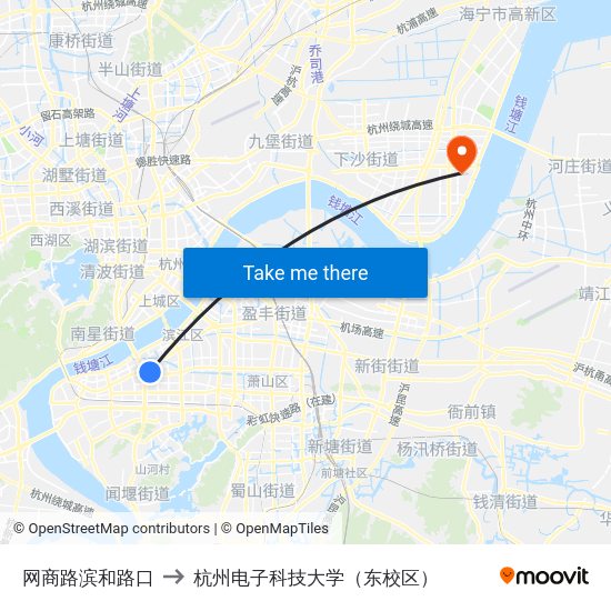 网商路滨和路口 to 杭州电子科技大学（东校区） map