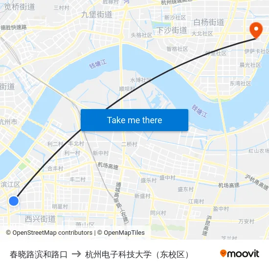春晓路滨和路口 to 杭州电子科技大学（东校区） map