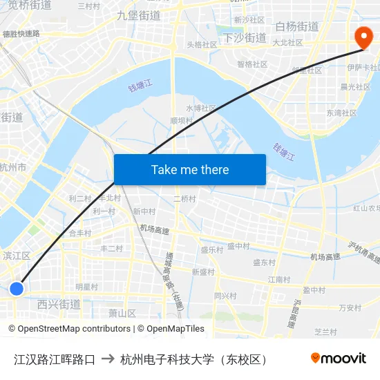 江汉路江晖路口 to 杭州电子科技大学（东校区） map