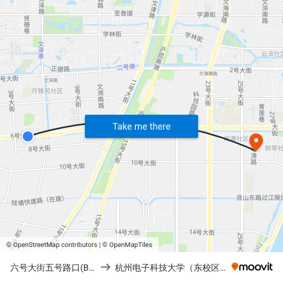 六号大街五号路口(Brt) to 杭州电子科技大学（东校区） map