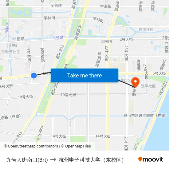 九号大街南口(Brt) to 杭州电子科技大学（东校区） map