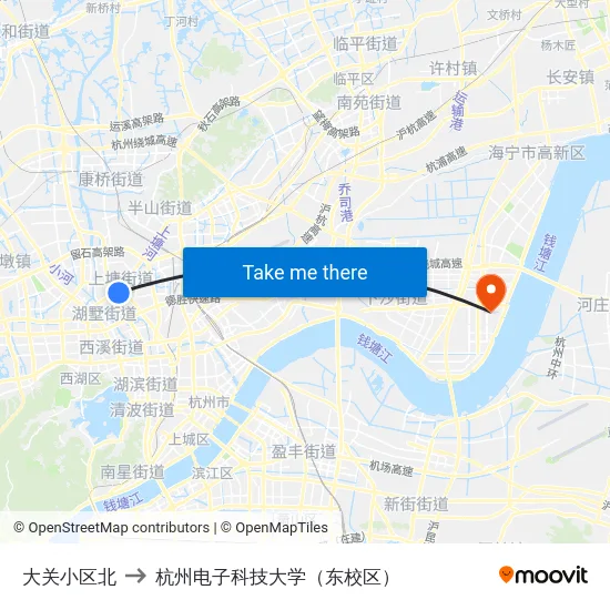 大关小区北 to 杭州电子科技大学（东校区） map