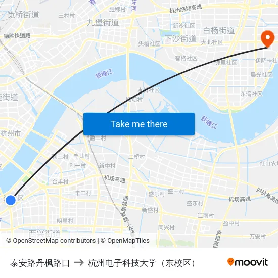 泰安路丹枫路口 to 杭州电子科技大学（东校区） map