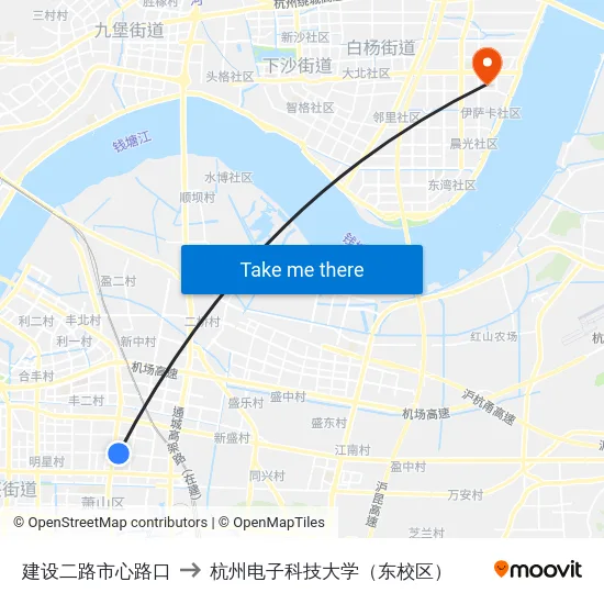 建设二路市心路口 to 杭州电子科技大学（东校区） map