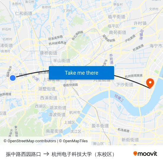 振中路西园路口 to 杭州电子科技大学（东校区） map