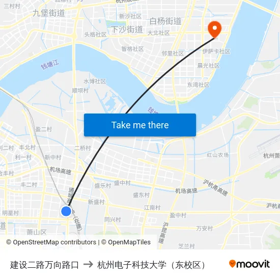 建设二路万向路口 to 杭州电子科技大学（东校区） map