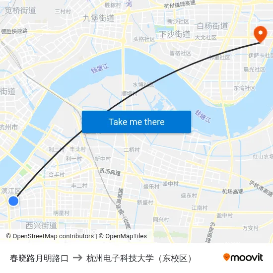 春晓路月明路口 to 杭州电子科技大学（东校区） map