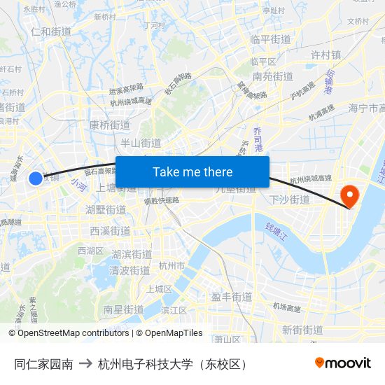 同仁家园南 to 杭州电子科技大学（东校区） map