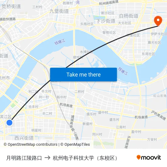 月明路江陵路口 to 杭州电子科技大学（东校区） map