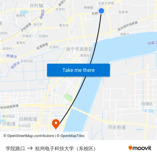 学院路口 to 杭州电子科技大学（东校区） map