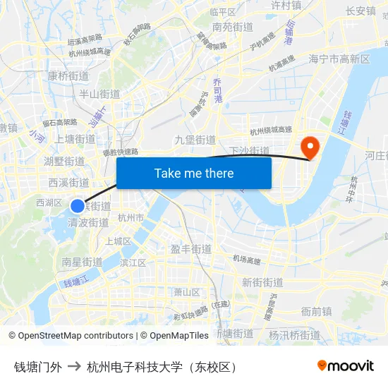 钱塘门外 to 杭州电子科技大学（东校区） map