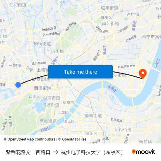 紫荆花路文一西路口 to 杭州电子科技大学（东校区） map
