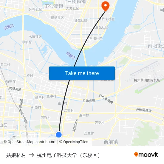 姑娘桥村 to 杭州电子科技大学（东校区） map