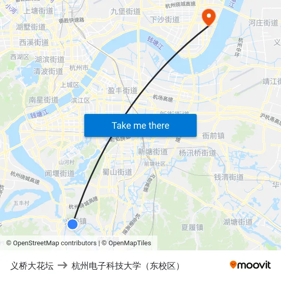 义桥大花坛 to 杭州电子科技大学（东校区） map