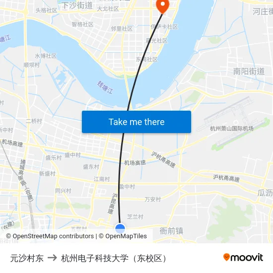 元沙村东 to 杭州电子科技大学（东校区） map