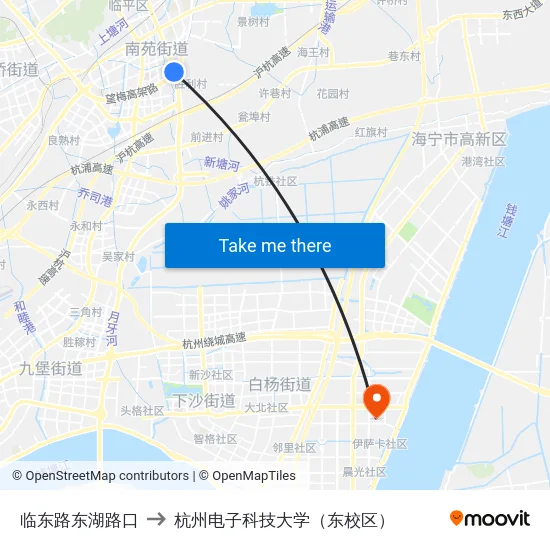 临东路东湖路口 to 杭州电子科技大学（东校区） map