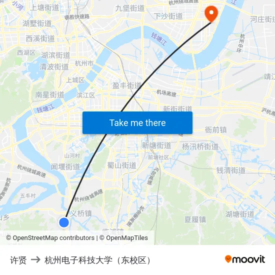 许贤 to 杭州电子科技大学（东校区） map