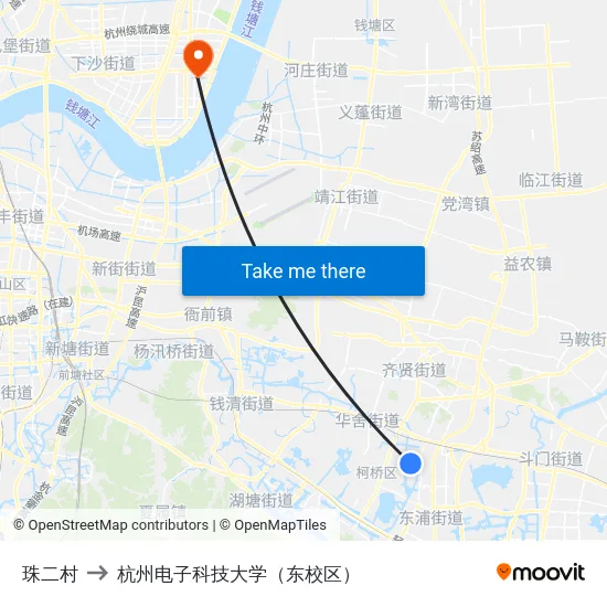 珠二村 to 杭州电子科技大学（东校区） map