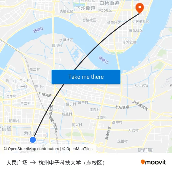 人民广场 to 杭州电子科技大学（东校区） map