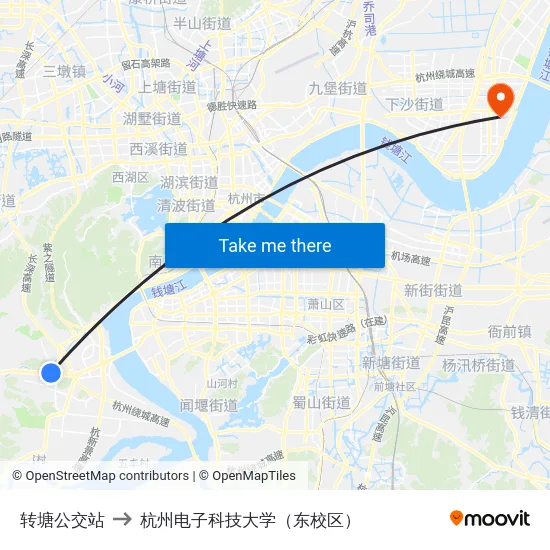 转塘公交站 to 杭州电子科技大学（东校区） map