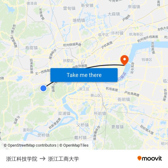 浙江科技学院 to 浙江工商大学 map