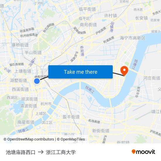 池塘庙路西口 to 浙江工商大学 map