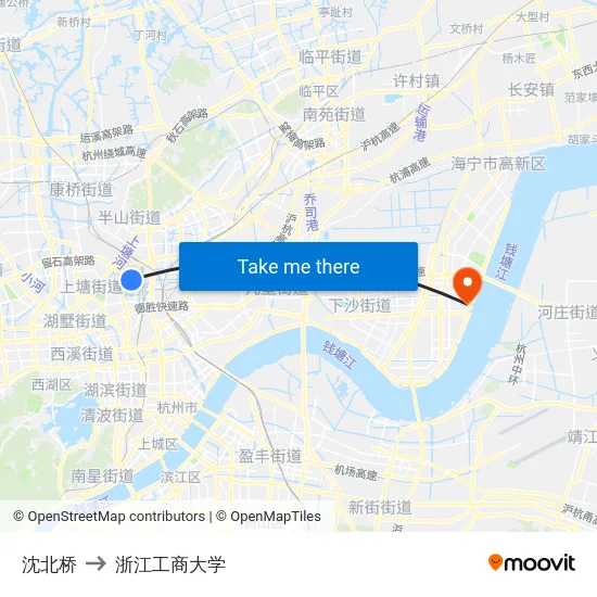 沈北桥 to 浙江工商大学 map