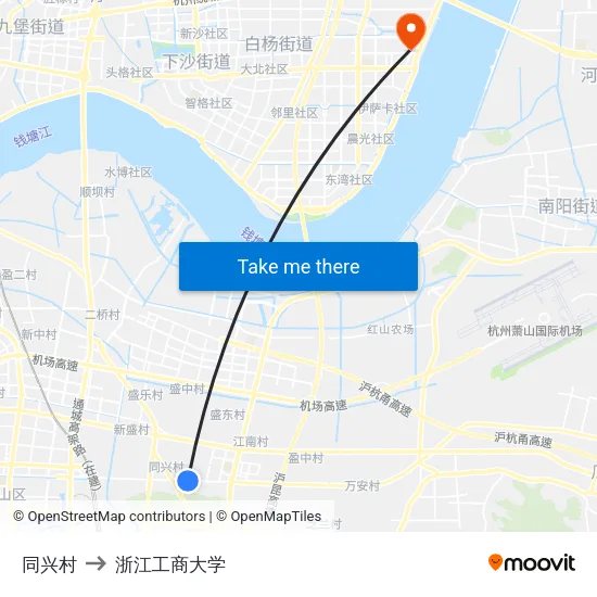 同兴村 to 浙江工商大学 map