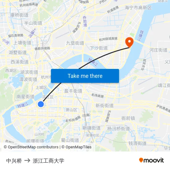 中兴桥 to 浙江工商大学 map