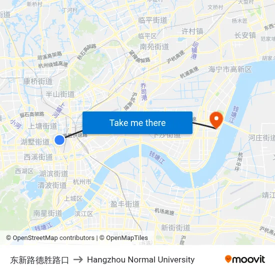 Dongxin Rd & Desheng Rd Intersection to Hangzhou Normal University map