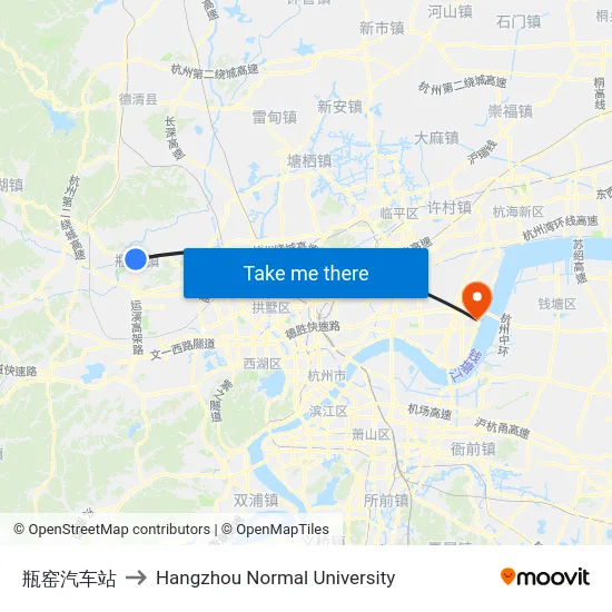 瓶窑汽车站 to Hangzhou Normal University map
