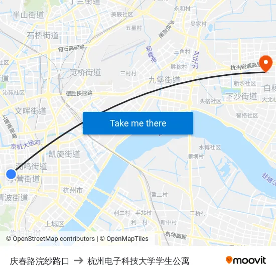 庆春路浣纱路口 to 杭州电子科技大学学生公寓 map