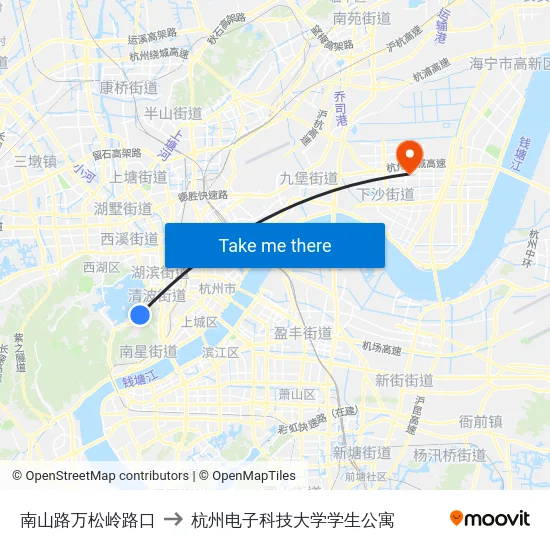 南山路万松岭路口 to 杭州电子科技大学学生公寓 map