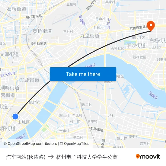 汽车南站(秋涛路) to 杭州电子科技大学学生公寓 map