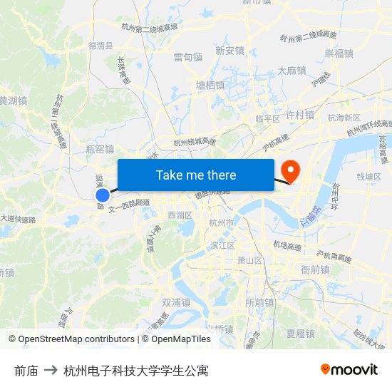 前庙 to 杭州电子科技大学学生公寓 map