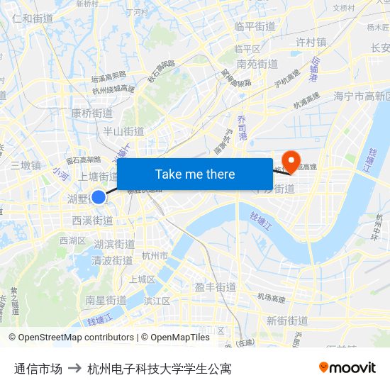 通信市场 to 杭州电子科技大学学生公寓 map