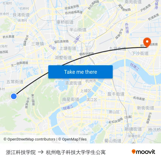 浙江科技学院 to 杭州电子科技大学学生公寓 map