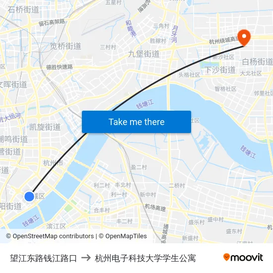 望江东路钱江路口 to 杭州电子科技大学学生公寓 map