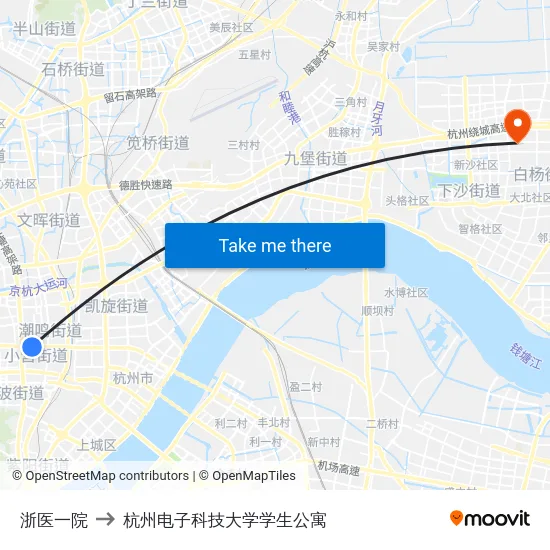 浙医一院 to 杭州电子科技大学学生公寓 map